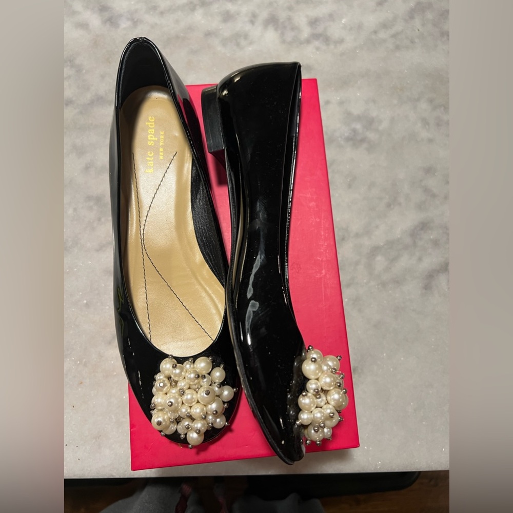 Kate Spade Black Patent Ballet Flats with Pearl Brooch